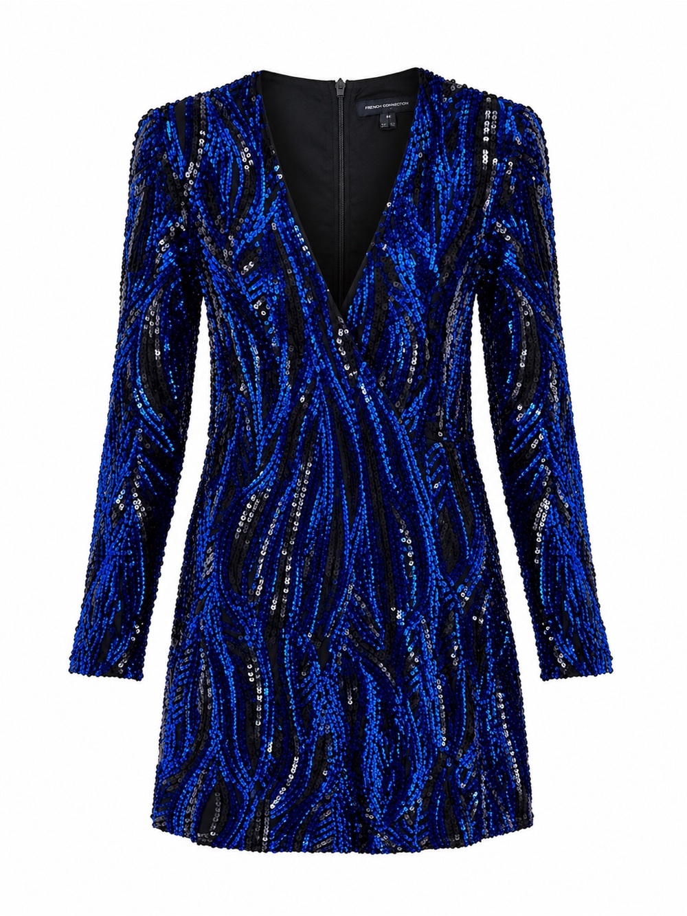 French Connection Blue and Black Sequin Long-Sleeve Mini Dress